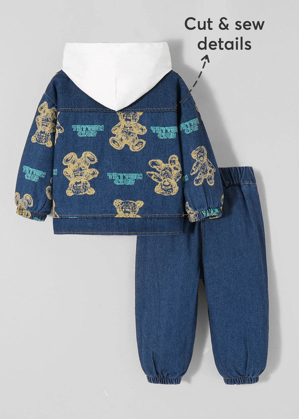 Kids Printed Denim Jacket, Hooded T-Shirt & Jogger Pants Co-Ord Set | Premium 3-Piece Casual Outfit for Boys & Girls
